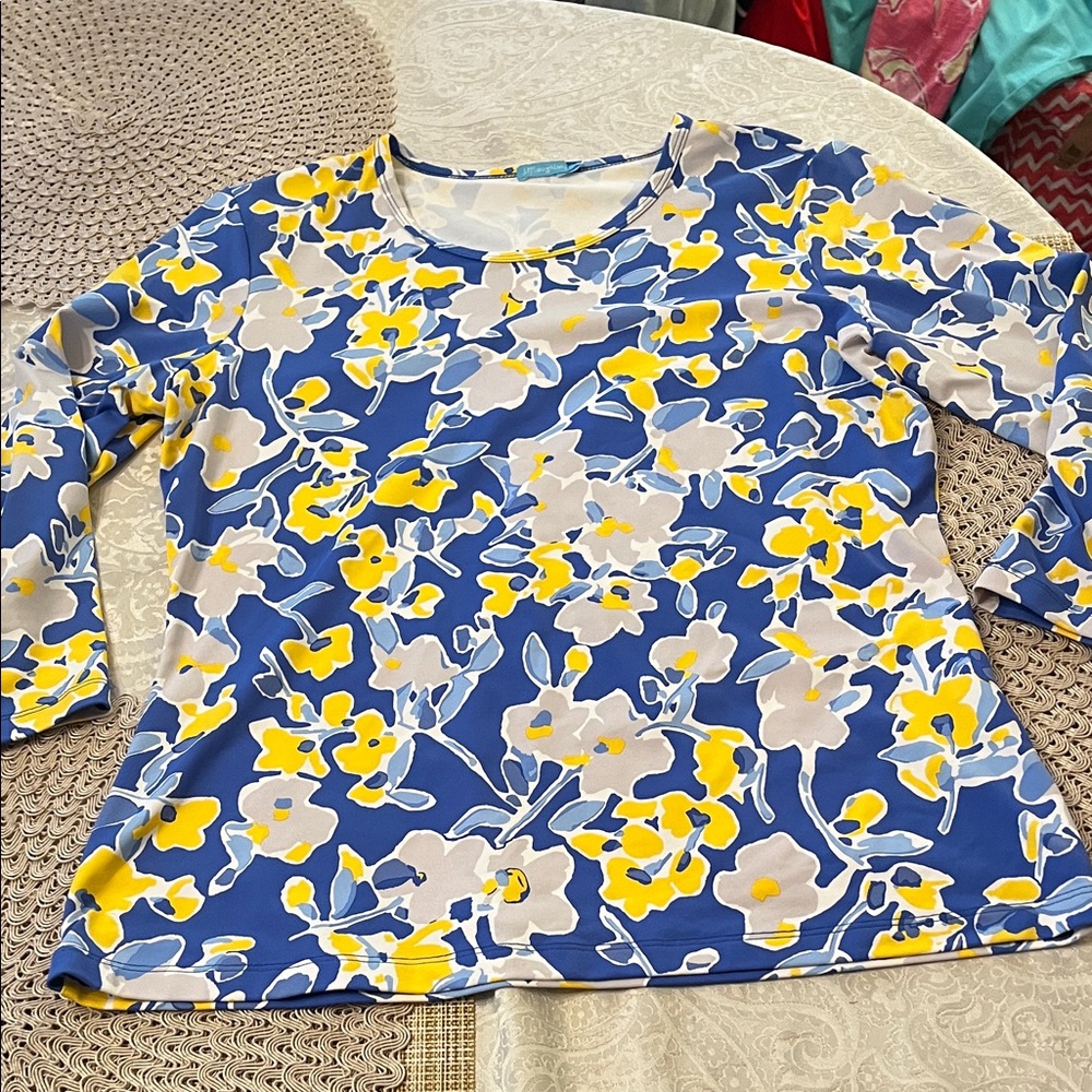 J. McLaughlin Blue and Yellow Floral Long Sleeve Top Size Large in EUC